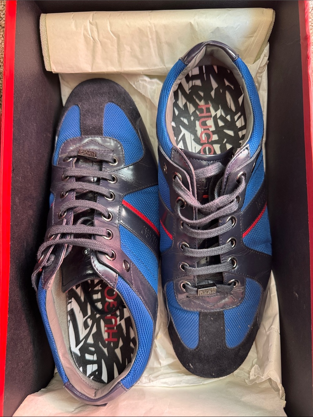 Hugo Boss Blue Mesh & Black Leather Sneakers with Red Accent